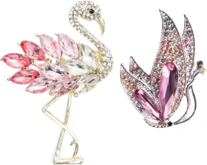 2 Pcs Pink Rhinestone Crystal Vintage Flamingos Butterfly Brooch Pins, Animal Brooches Safety Pins Bridal Wedding Brooch Pins for Fashion Dress Hat Bag Suit Tie Jewelry Birthdays