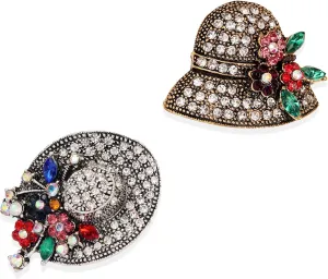 2Pcs Retro Crystal Flower Hat Brooches Elegant Rhinestone Hat Statement Brooch Pins Fashion Jewelry Accessories for Women Girl Gift Gold