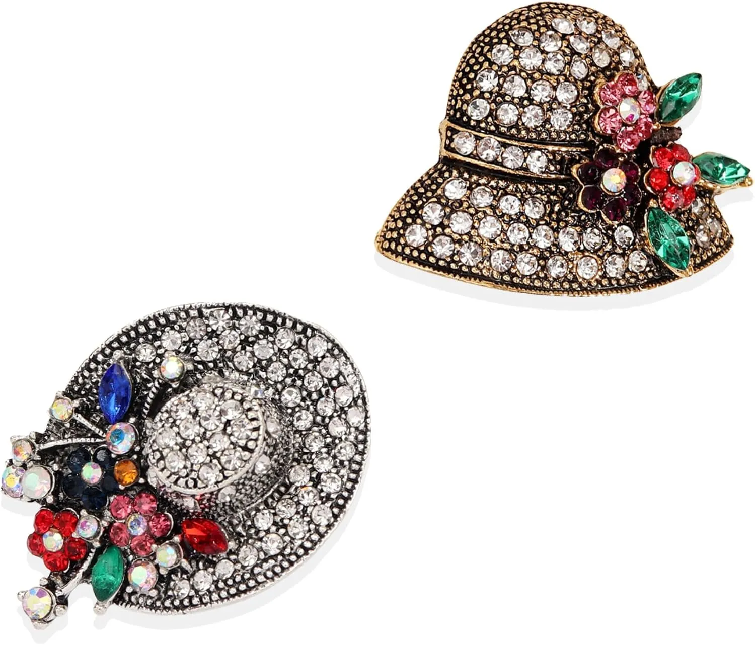 2Pcs Retro Crystal Flower Hat Brooches Elegant Rhinestone Hat Statement Brooch Pins Fashion Jewelry Accessories for Women Girl Gift Gold