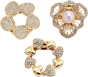 3 PCS Scarf Clip Brooches Scarf Ring Clip Pearl Floral Rhinestones Clothes Knotted Corner Buttons