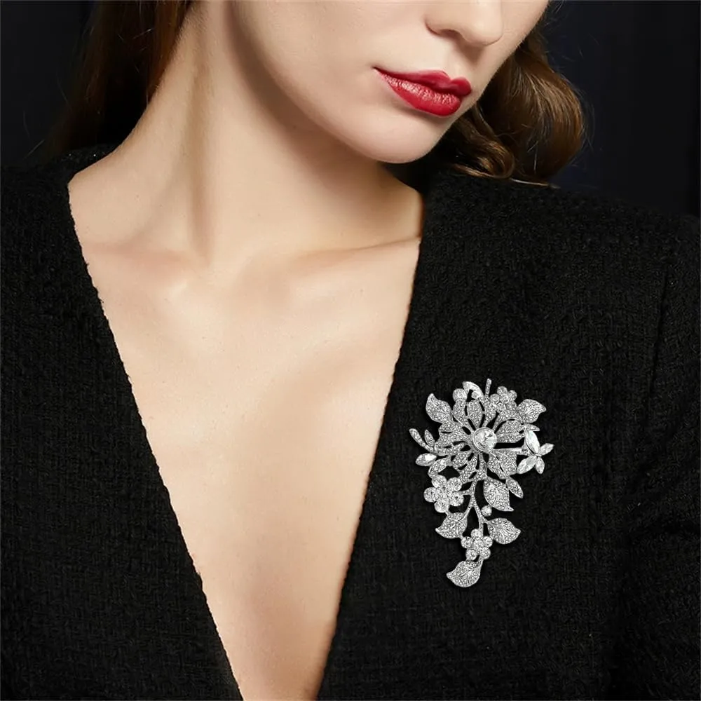 Extra Large Rhinestone Flower Brooch Pin Stylish Crystal Big Brooches Corsage Bouquet Elegant Clothing Hat Bag Accessories Floral Lapel Pins for Women Fashion Jewelry Gifts Wedding Prom