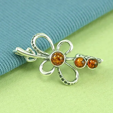 Floral Amber in Silver Pin
