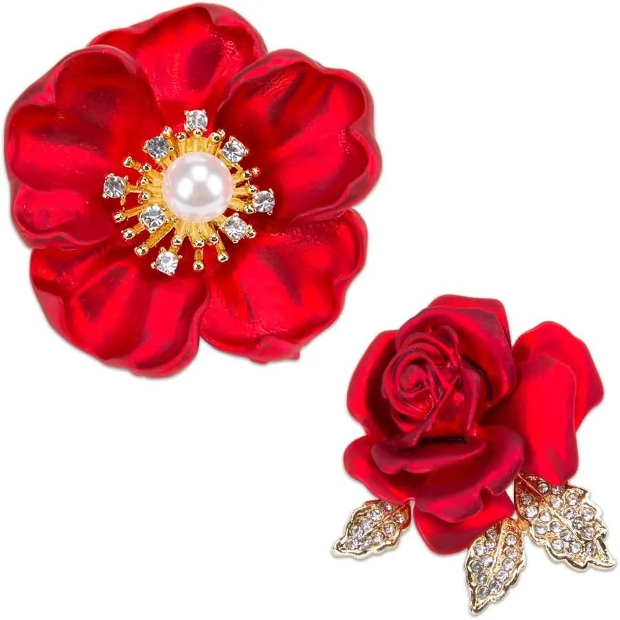 KOOBOOK 2Pcs Fashionable Rose Brooch Alloy Enamel Peony Flower Bouquet Pin Elegant Floral Series Brooches for Women 3D Crystal Floral Accessory for Dress Suits Coats Jackets