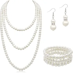 Long Pearl Necklaces for Women Cream White Faux Pearl Strand Layered Necklace Costume Jewelry